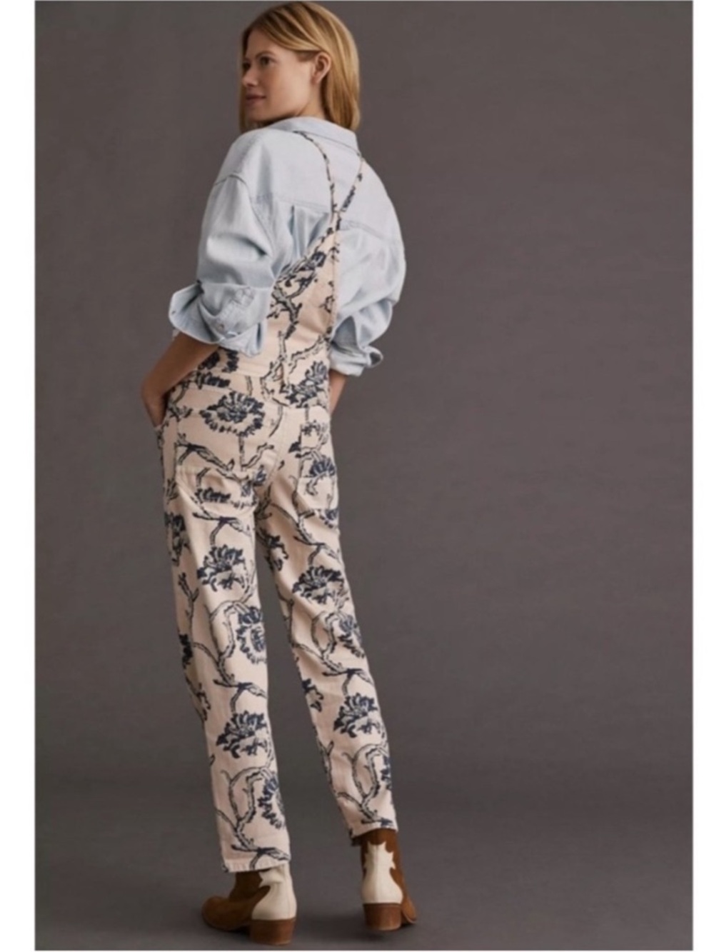 Anthropologie Pilcro painters overalls jumpsuit cream blue floral size 30 - Picture 2 of 3